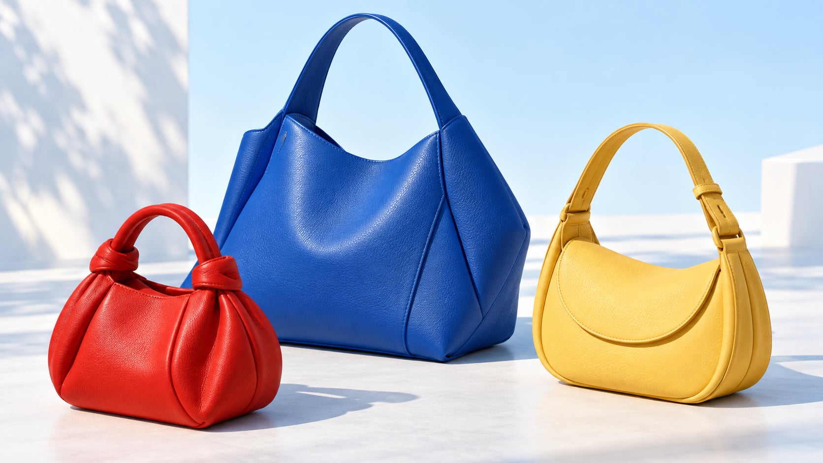 Concept AI: tre borse colorate blu, rosso e giallo